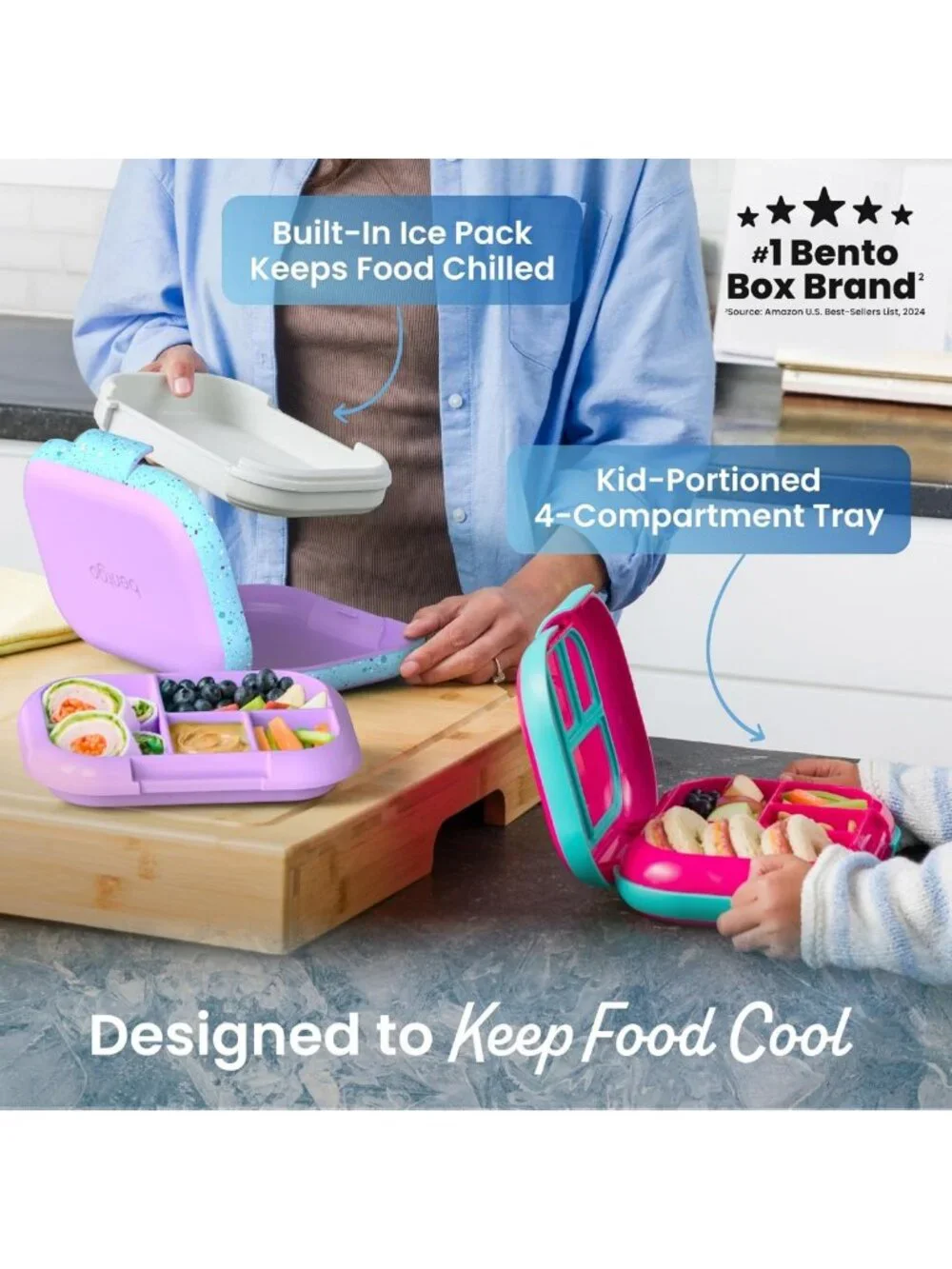 Leakproof Kids Bento Lunch Box - 4 Compartments, Built-In Ice Pack, BPA-Free